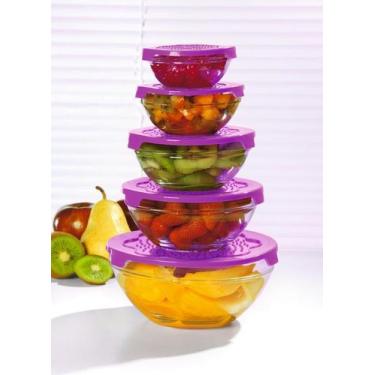 Imagem de Kit 5 Tigelas Potes de Vidro Redondo Com Tampa Roxo - JW SHOP
