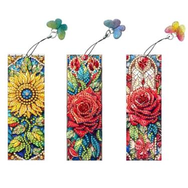 Imagem de F-CANLAN 3 peças de marcador de livro de pintura de diamante de girassol acrílico com borlas, kit de marcador de página de pintura de diamante de strass de cristal rosa, kits de pintura de diamante