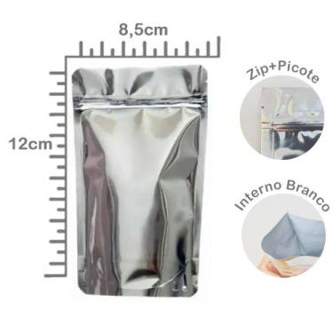 Imagem de Stand Up Pouch 8,5x12+2,5cm Laminado Metalizado Prata Fecho Zip - Aste