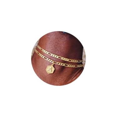 Imagem de Memorjew Tornozeleiras femininas com inicial inicial banhada a ouro 14K com inicial de camada dupla, joia feminina, 8.5 inch, Metal, Zircônia cúbica