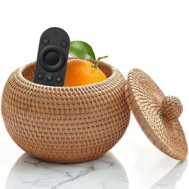 Imagem de Cesta de vime redonda com tampa – Armazenamento de fazenda para pão, frutas e piqueniques, cesto de vime natural para organização de cozinha e mesa, 16 x 16 x 14 cm