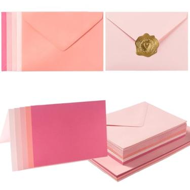 Imagem de Pacote com 50 envelopes rosa A7 com conjunto de cartões em branco, envelopes de 5 cores com cartolina 12 x 17 cm e adesivos dourados para convites de casamento (rosa, 5 x 7)