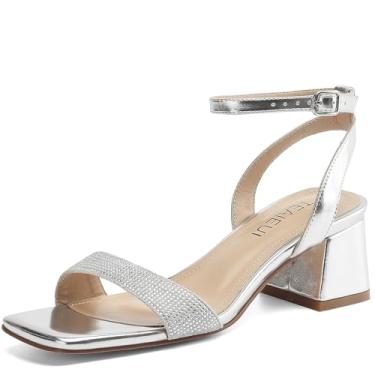 Imagem de TEAIEUI Sandálias femininas de salto alto com tiras de salto baixo grossas para mulheres, confortável, tira no tornozelo, bico aberto, vestido de festa e casamento, sapatos elegantes, Ar-strass prata