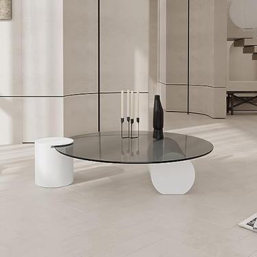 Imagem de LILINWAN Mesa de centro redonda de 32 cm de altura, mesa de centro moderna com tampo de vidro e base geométrica, mesa de centro de vidro para sala de estar, pátio, escritório em casa (cor: B, tamanho