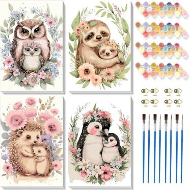 Imagem de cviokrdu Kit de pintura por números para crianças com moldura, pintura animal por números, para crianças de 4 a 8 a 12 anos, fácil coruja preguiça ouriço pinguim kits de pintura a óleo acrílica para
