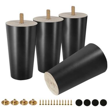 Imagem de FoDau770 Pernas de móveis de madeira de borracha preta, 10 cm, pés de madeira afunilados retos de meados do século, conjunto de 4 pés de móveis UNC de 5/40.6 cm para armário, sofá, cômoda, cadeira