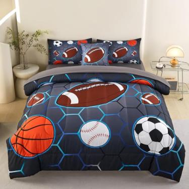 Imagem de ASKOTU Conjunto de cama de solteiro com 4 peças, para meninos, basquete, beisebol, futebol, futebol