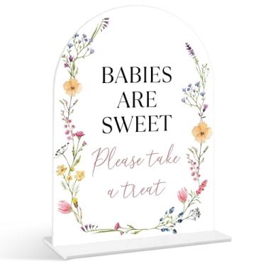 Imagem de Babies Are Sweet Please Take a Treat Sign - Placa de chá de bebê de flores silvestres, 1 pacote de placa de acrílico com suporte, decoração de mesa de festa reveladora de gênero, suprimentos florais