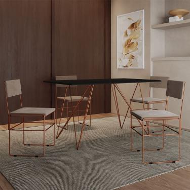 Imagem de Mesa Jantar Industrial Trama 1,40X0,80M Preta Com 4 Cadeiras Estofadas Vitória Bege E Cobre