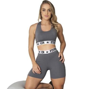 Imagem de Conjunto Short Elastico Exposto Feminino Academia - CR FITNESS, Cinza 