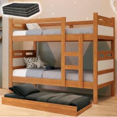 Imagem de Kit Beliche Barreto com Cama Auxiliar e 3 Colchões D20, 156 x 94 x 204 cm, Suporta 100 kg por Cama (Nature/OffWhite)