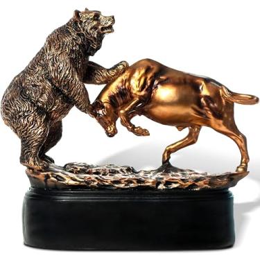 Imagem de Estátua de touro e urso, estatueta de touro de Wall Street, escultura de decoração do mercado de ações, 22 x 24 cm, resina com acabamento em bronze, presentes financeiros para comerciantes e