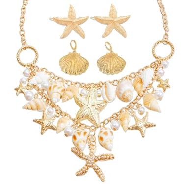 Imagem de JeVenis Brincos de estrela do mar, colar, pulseira, grampo de cabelo, fantasia de sereia, acessórios de praia, joias para mulheres, strass de resina