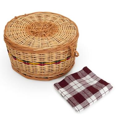 Imagem de Cesta de aquecedor de tortilha mexicana de bambu tecida à mão, suporte de pão indiano Chapati Roti, recipiente para panquecas, prato para servir com tampa e toalha de algodão, decoração de jantar de