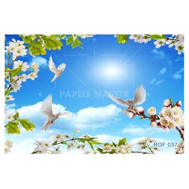 Imagem de Papel De Teto Céu ul Nuvens Flores Pombas 3,5M Rof37 - Você Decora