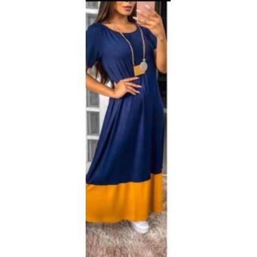 Imagem de Vestido barra colorida - Reginaconfeccao, Azul marinho, Mostarda, GG