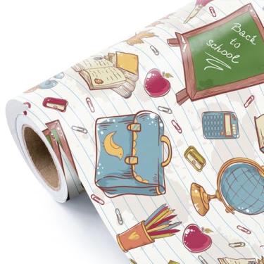 Imagem de WRAPAHOLIC Rolo de papel de embrulho de volta às aulas - Mini rolo - 43 cm x 40 cm - Design de material escolar perfeito para o primeiro dia de aula, estudantes, apreciação de professores