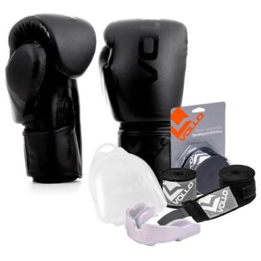 Imagem de Kit Boxe Muay Thai Luva 12Oz Preto + Protetor Bucal + Bandagem Preta -
