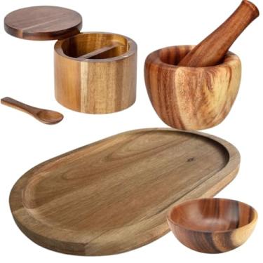 Imagem de Kit de Utensílios em Madeira de Acácia, 4 Peças, Conjunto com Saleiro Duplo, Bowl, Pilão com Socador e Bandeja