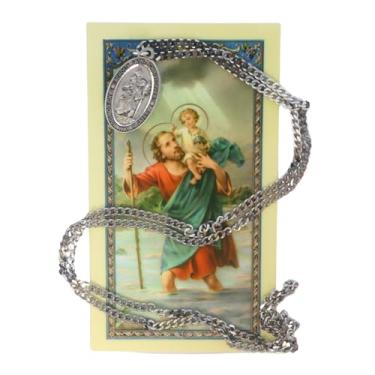 Imagem de Medalha de estanho de São Cristóvão em corrente de aço inoxidável com cartão de oração laminado | Pingente católico de viagens seguras