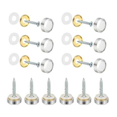 Imagem de YELARXI Parafusos de espelho tampas decorativas de latão prendedores de pregos, acabamento polido de 16 mm chanfrado adequado para ferragens de publicidade de sinal de espelho (12 peças, prata)