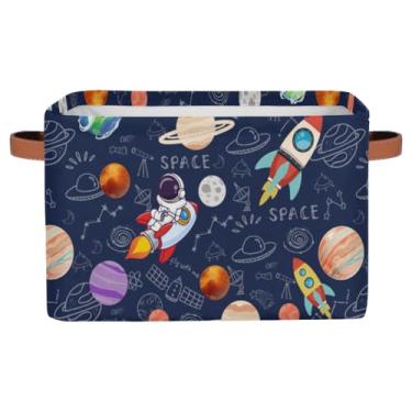 Imagem de Funky Qiu Cesto de armazenamento retangular dobrável – cesta de armazenamento de brinquedos grande de tecido de lona com alça organizador de pano para quarto de bebê, 38 x 28 x 24 cm (planeta do