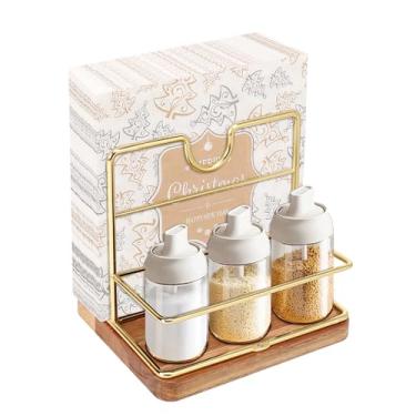 Imagem de Livabber Porta-guardanapos, suporte de guardanapo de metal com saleiro e pimenteiro, suporte moderno para bancada de cozinha, não inclui saleiro e pimenteiro (madeira média, ouro)