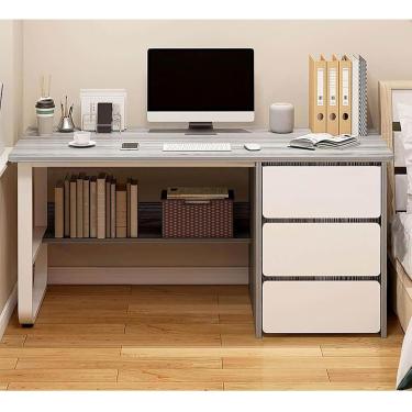 Imagem de Mesa De Computador Moderna E Simples Grande Mesa De Escrita De Estudo Com Armazenamento E Prateleiras Armário Mesa De Perna De Metal Para Escritório Em Casa, Grey, 120x50x73.5cm(47x19x28in)