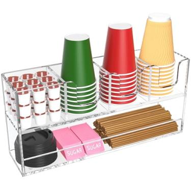 Imagem de Rulyyo Organizador de copos e condimentos de café – Suporte vertical para copo e tampa de 2 camadas com organizador de canudo, 5 compartimentos, dispensador de copo de acrílico transparente para