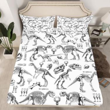 Imagem de Jogo de cama solteiro, dinossauro selvagem, esqueleto de dinossauro, 2 peças, decoração de quarto de crianças, adolescentes e adultos, desenho vintage, preto e branco, 1 fronha