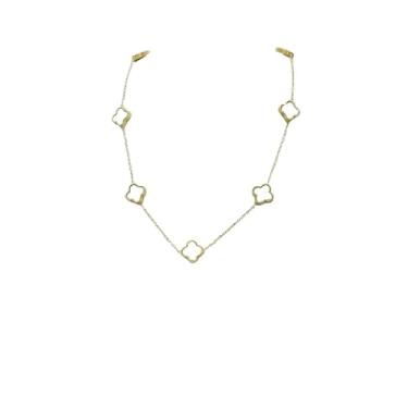 Imagem de Colar Madrepérola Dupla Face, Trevo, Aço Titânio, Ouro 18K (Branco)