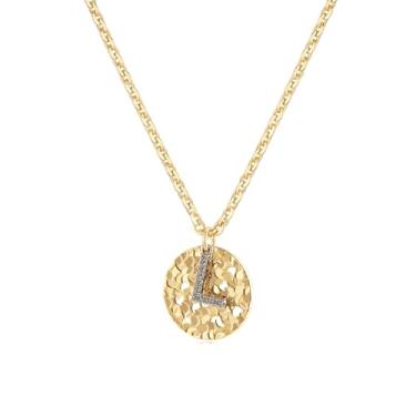 Imagem de MYEARS Colar com inicial para mulheres, dourado, redondo, martelado, moeda de gelo triturado, pingente de disco com zircônia cúbica, pingente de letra prata 14K, simples, delicada, corrente grossa