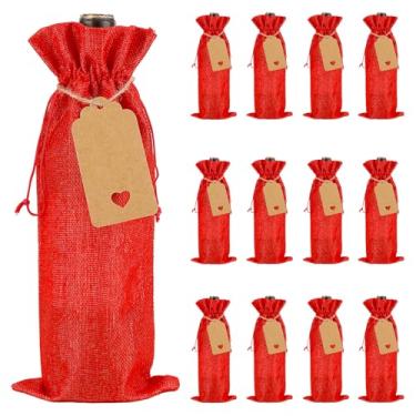 Imagem de BUNCHBRAVO Pacote com 12 sacos de vinho de serapilheira com etiquetas de presente e corda de juta, sacos de garrafa de vinho rústicos com cordão para casamentos, festas e feriados, vermelho