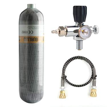 Imagem de Gurlleu Tanque de ar de fibra de carbono, 30 pés cúbicos / 4500 PSI, aprovado pela CE, sistema de ar comprimido de paintball PCP com válvula regulador (garrafa vazia) (conjunto de medidor lateral)