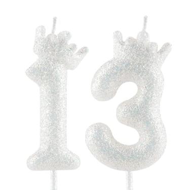 Imagem de Velas de aniversário com coroa branca com glitter 13, vela branca clássica com número de aniversário para decoração de topo de bolo, meninas, aniversário de casamento, celebração, artigos de festa