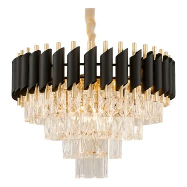 Imagem de Lustre de Cristal Preto e Dourado Redondo 40cm – Pendente em Cristal Preto para Sala de Estar, Sala de Jantar, Quarto - Com Corrente Ajustável - Instalação Fácil 110/220 - Preto e Dourado Redondo