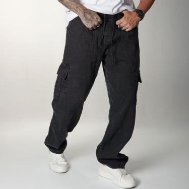 Imagem de Calça Cargo Larga Masculina Streetwear Bolsos Laterais Jeans Modelo Ex