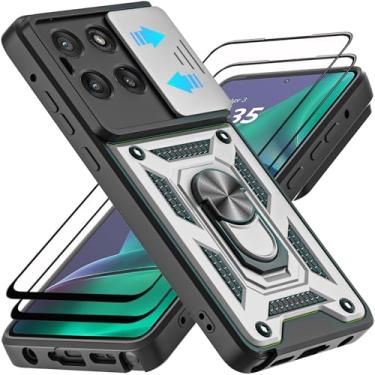 Imagem de AKINIK Capa para Motorola Moto G Stylus 5G 2025, com protetor de tela de vidro temperado [2 peças] e capa deslizante para câmera, suporte de anel de rotação de 360° [grau militar] capa (prata)