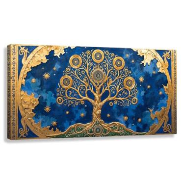 Imagem de Árvore da Vida Arte de Parede Vida Dourada Impressão em Tela Decoração Fotos Pintura Azul Dourado Sala de Estar Quarto 60x30cmx1