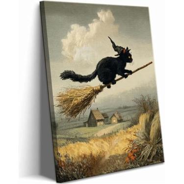 Imagem de Arte de parede em tela de gato preto de Halloween vintage bruxa gato vassoura decoração de parede imagem paisagem rústica pôsteres impressões para decoração de casa de festa de Halloween 30 x 40 cm