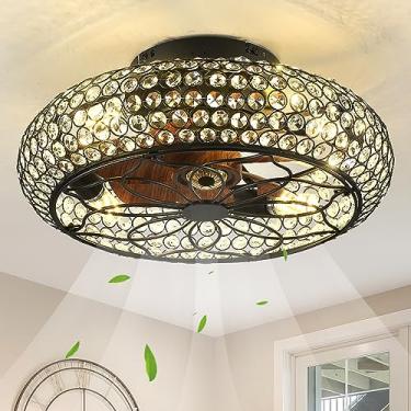 Imagem de XUDOM Ventiladores de teto de cristal enjaulados com luzes e controle remoto, ventilador de teto de perfil baixo de montagem embutida de 48 cm com luz, ventilador de teto fechado de 6 velocidades com