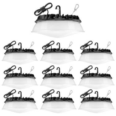 Imagem de Pacote com 10 lâmpadas LED UFO de 155 W com refletor 22.500lm 5000K LED de alta baía AC110-277V cabo com plugue à prova d'água luzes UFO para garagem, loja, fábrica, armazém, ETL listado