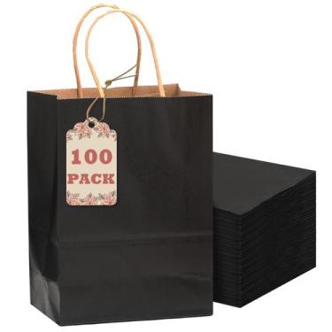 Imagem de Sacos de presente qiqee Black Paper, pacote com 100, 21x15x8cm com alç