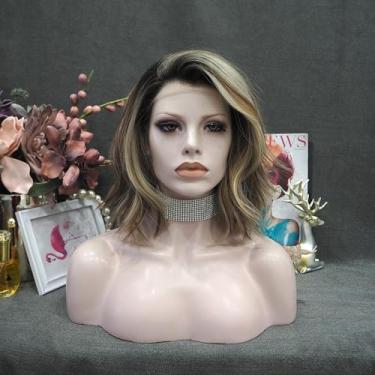 Imagem de IMSTYLE Peruca Bob curta: Peruca frontal de renda sintética 13x2, marrom claro com peruca loira de destaque peruca de uso diário, fibra natural resistente ao calor peruca de substituição de cabelo