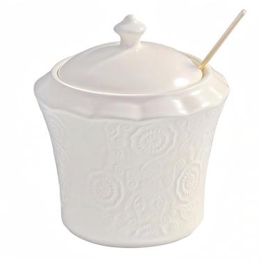 Imagem de Conjunto de açucareiro e pote de especiarias de cerâmica estilo nórdico com design floral em relevo, vasilhas de cozinha com tampas e colher de aço inoxidável dourada - Armazenamento doméstico