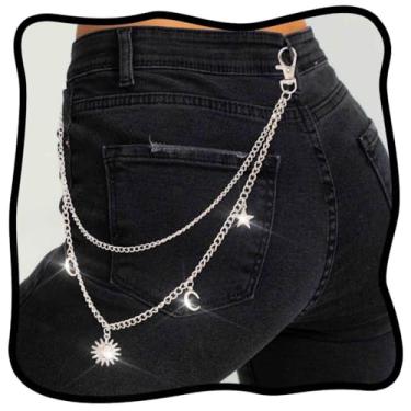 Imagem de Urieo Calça punk Sun Jeans corrente pingente lua corrente carteira ouro corrente estrela gótico metal hip hop bolso corrente para mulheres, one size, liga metálica, Sem Pedra Preciosa