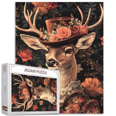 Imagem de Quebra-cabeça de veado usando chapéu para adultos 1000 peças imagens de flores de animais DIY quebra-cabeças arte artesanato quebra-cabeça decoração de parede quebra-cabeça família perfeito para