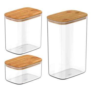 Imagem de Kit 3 Potes Herméticos Com Tampa De Bambu 0,65L, 1,5L E 2,3L