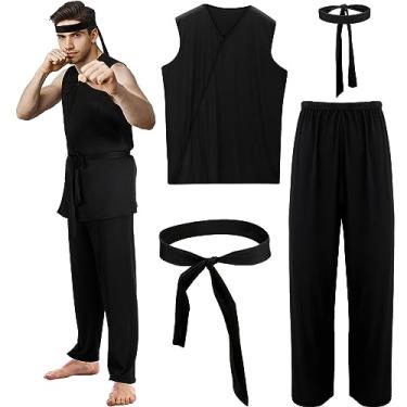 Imagem de Xtinmee 4 peças de fantasia de karatê para homens, fantasia de Halloween, adulto, preto, karatê, uniforme com faixa de cabeça, cosplay (G)