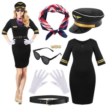 Imagem de Xtinmee 7 peças fantasia de comissária de bordo de Halloween feminina piloto capitão cosplay acessórios chapéu piloto roupas papel piloto (preto, GG)